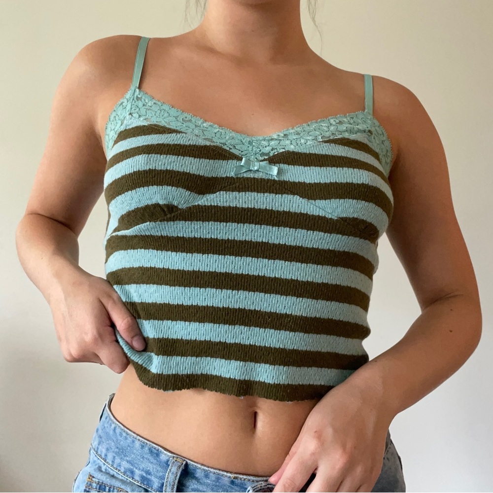 Early 2000s Y2K Free People Brown Blue Stripe Lace Trim Crop Tank Top Camisole